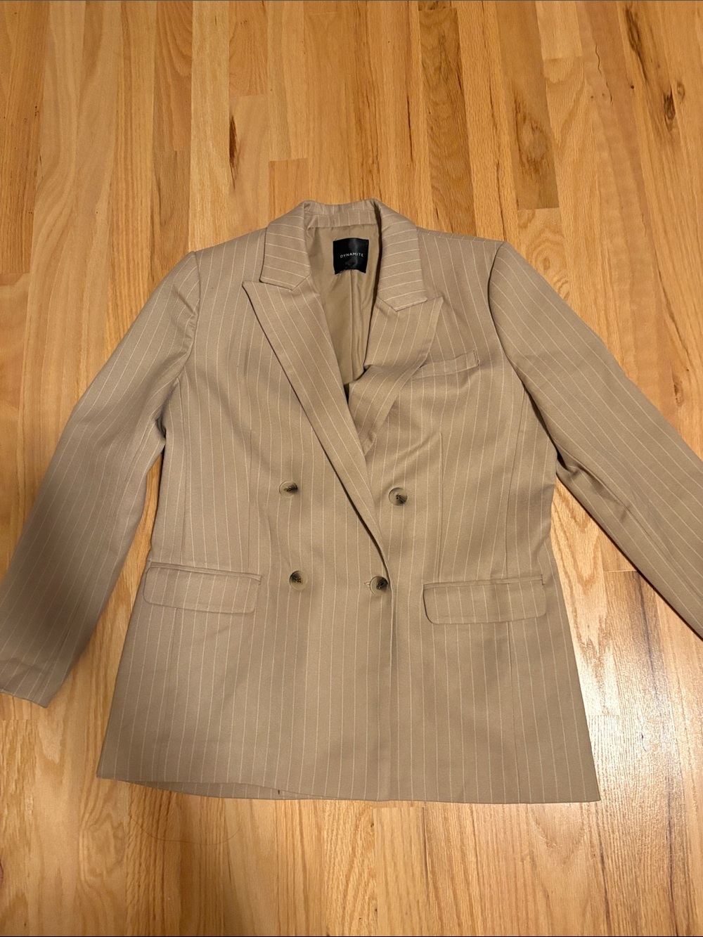 Dynamite Double-Breasted Pinstripe Blazer in Light Brown